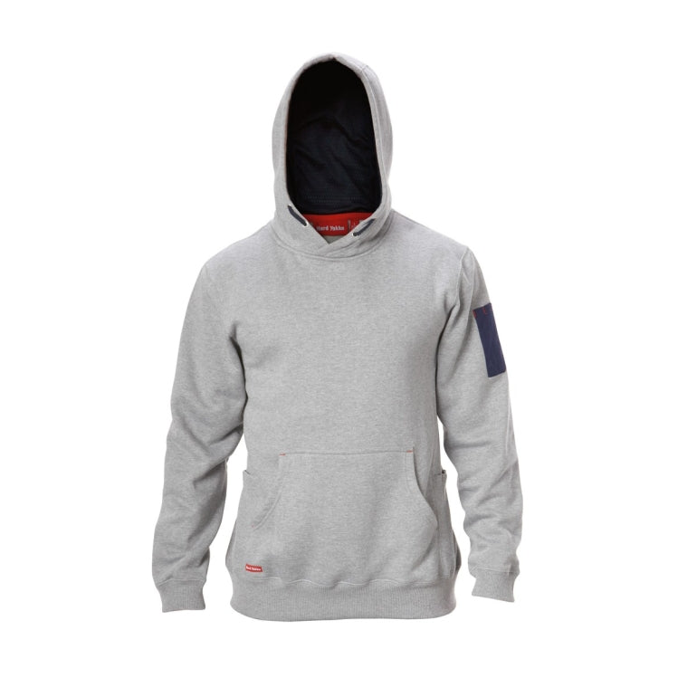 Front view of Hard Yakka Brushed Fleece Work Hoodie in Grey Marle with hood up