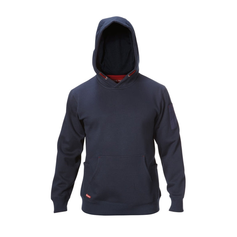 Front view of Hard Yakka Brushed Fleece Work Hoodie in Navy with Hood Up