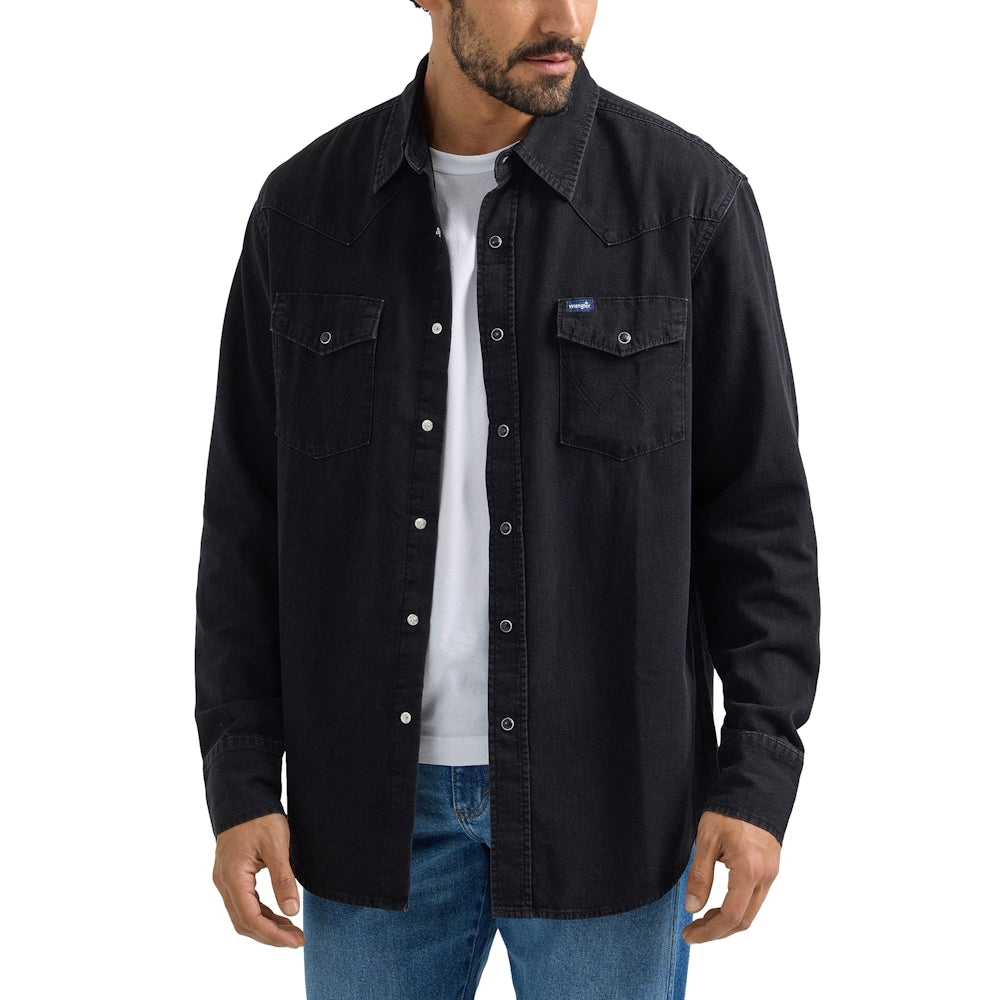 Man wearing a black Wrangler denim shirt over a white t-shirt