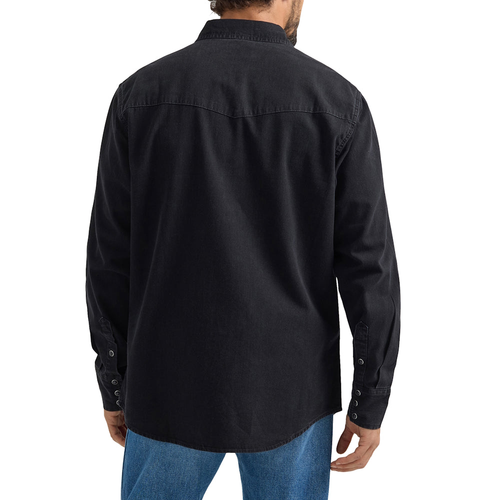 Back of Black men's Wrangler denim shirt