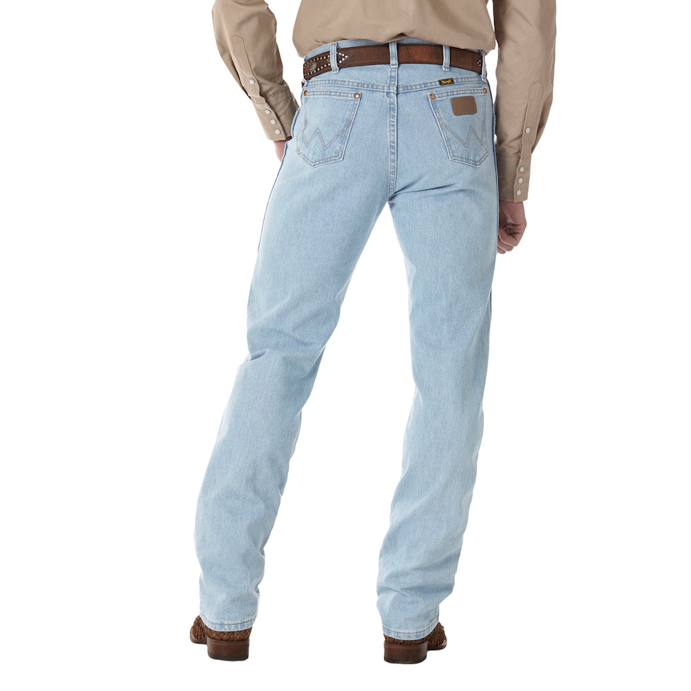 Back of man wearing Wrangler Bleach cowboy jeans