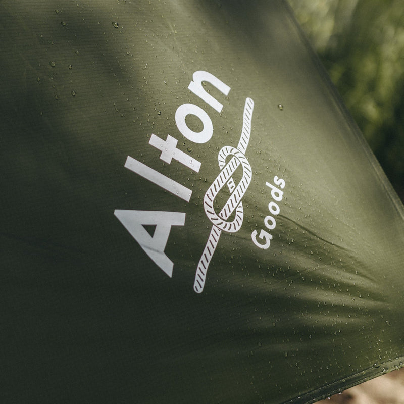 Close up of Alton Goods logo on Alton Goods Ultralight 3x3m Tarp