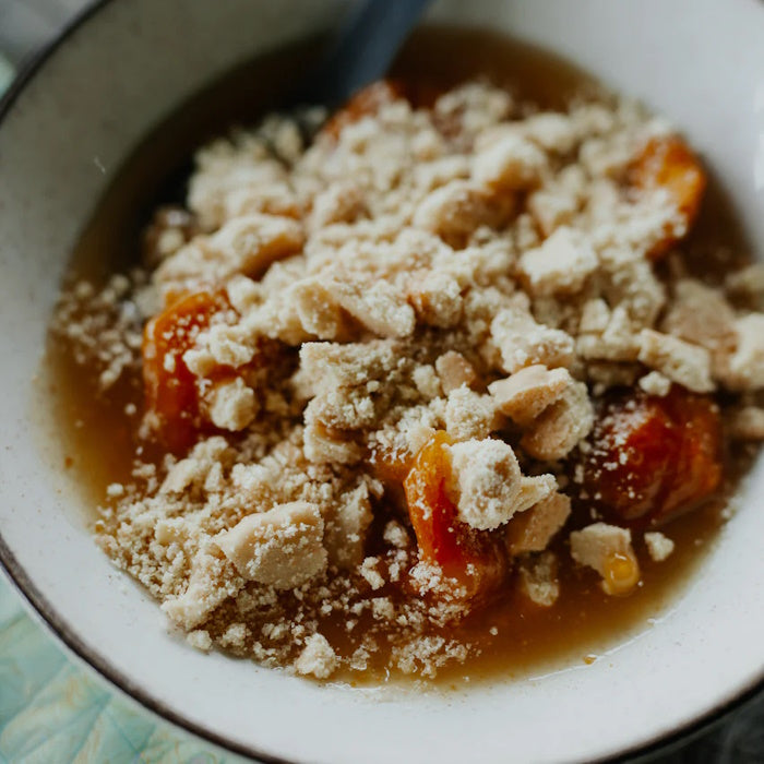 Close up of Back Country Apricot Crumble in a bowl
