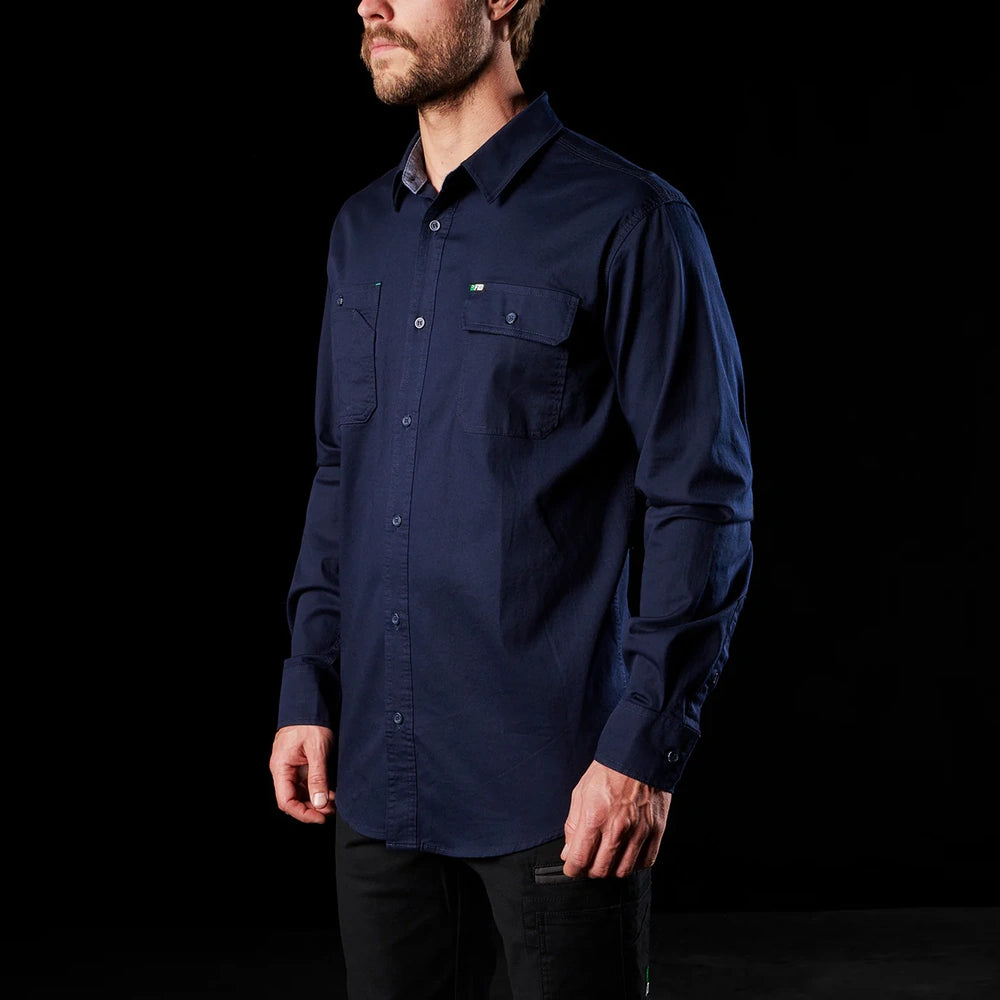 Model wearing Navy FXD LSH-1 Men's Long Sleeve Work Shirt