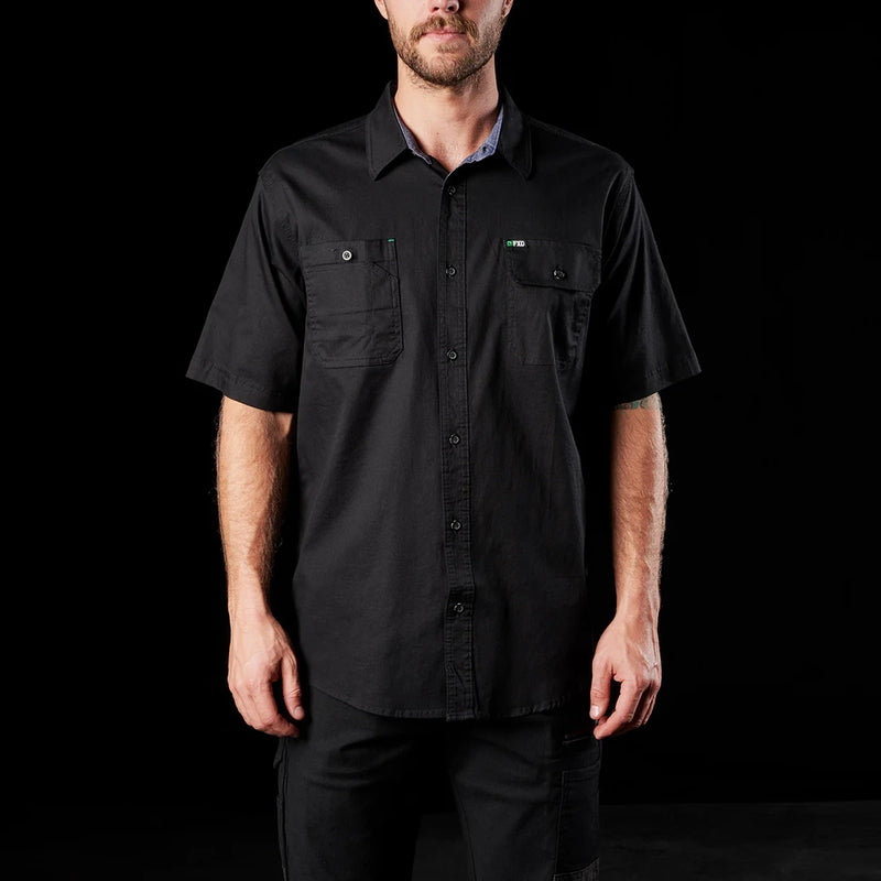 Front of Black FXD SSH-1 Men's Short Sleeve Stretch Work Shirt