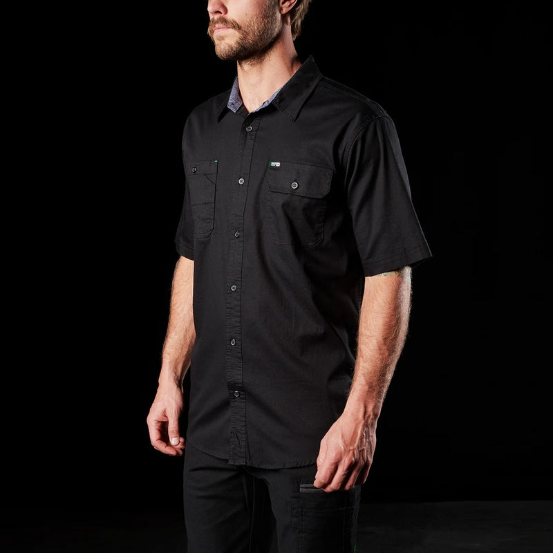 Model wearing Black FXD SSH-1 Men's Short Sleeve Stretch Work Shirt