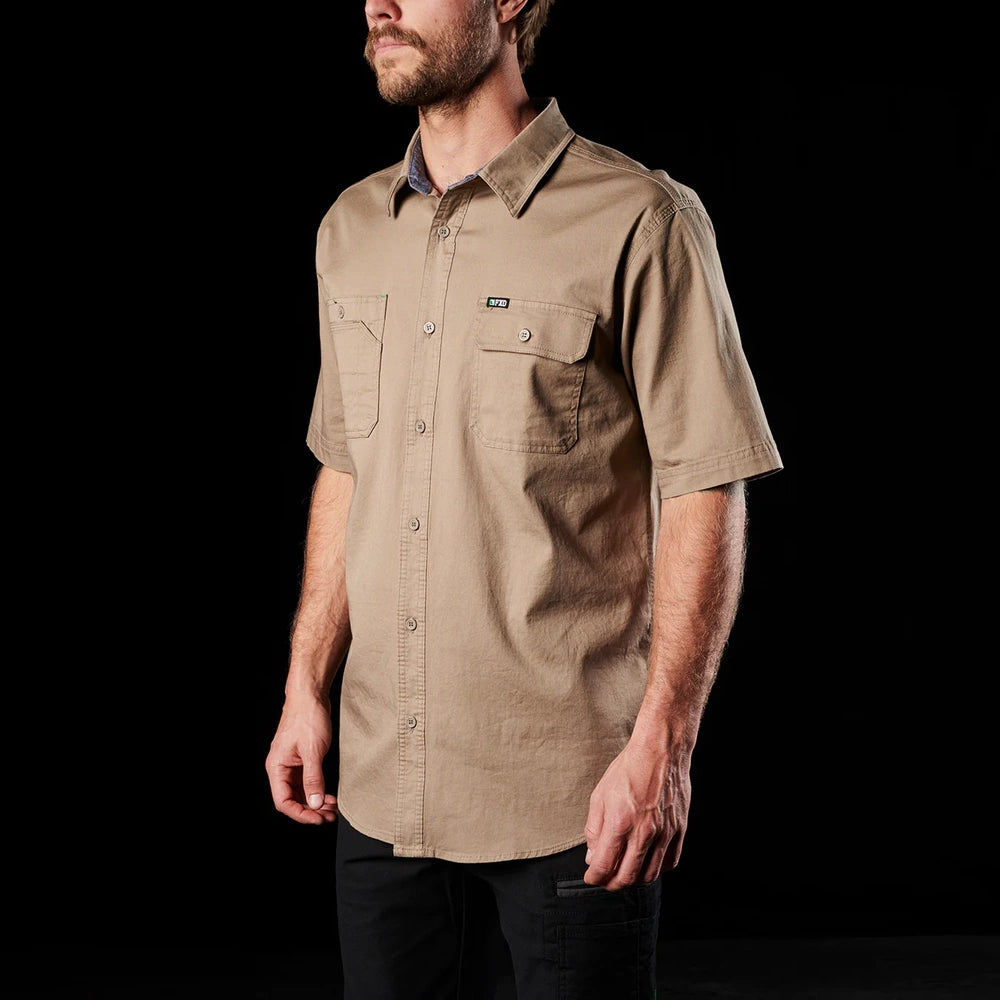 Model wearing Khaki FXD SSH-1 Men's Short Sleeve Stretch Work Shirt