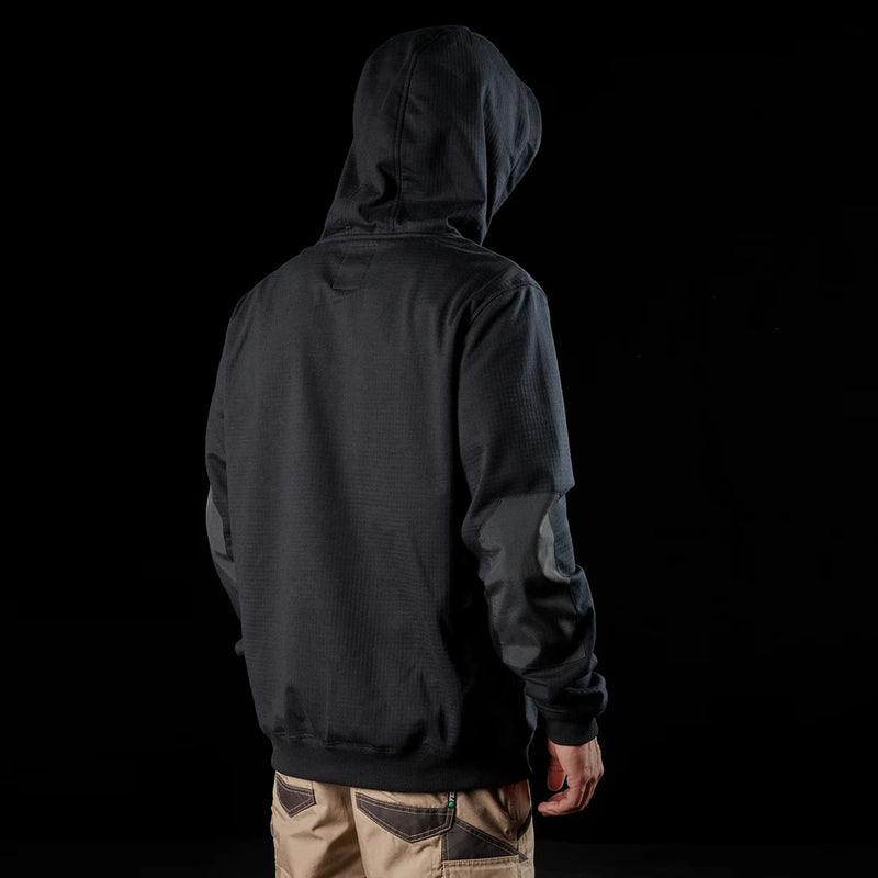 Back view of model wearing FXD WF-1 Men's Bonded Membrane Fleece Hoodie with hood up