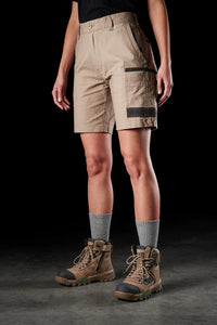 Model wearing Khaki FXD WS-3W Women's Stretch Work Shorts