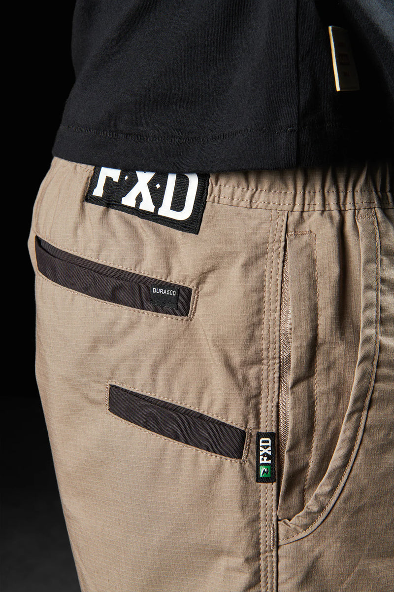 Close up of waist on FXD Khaki shorts