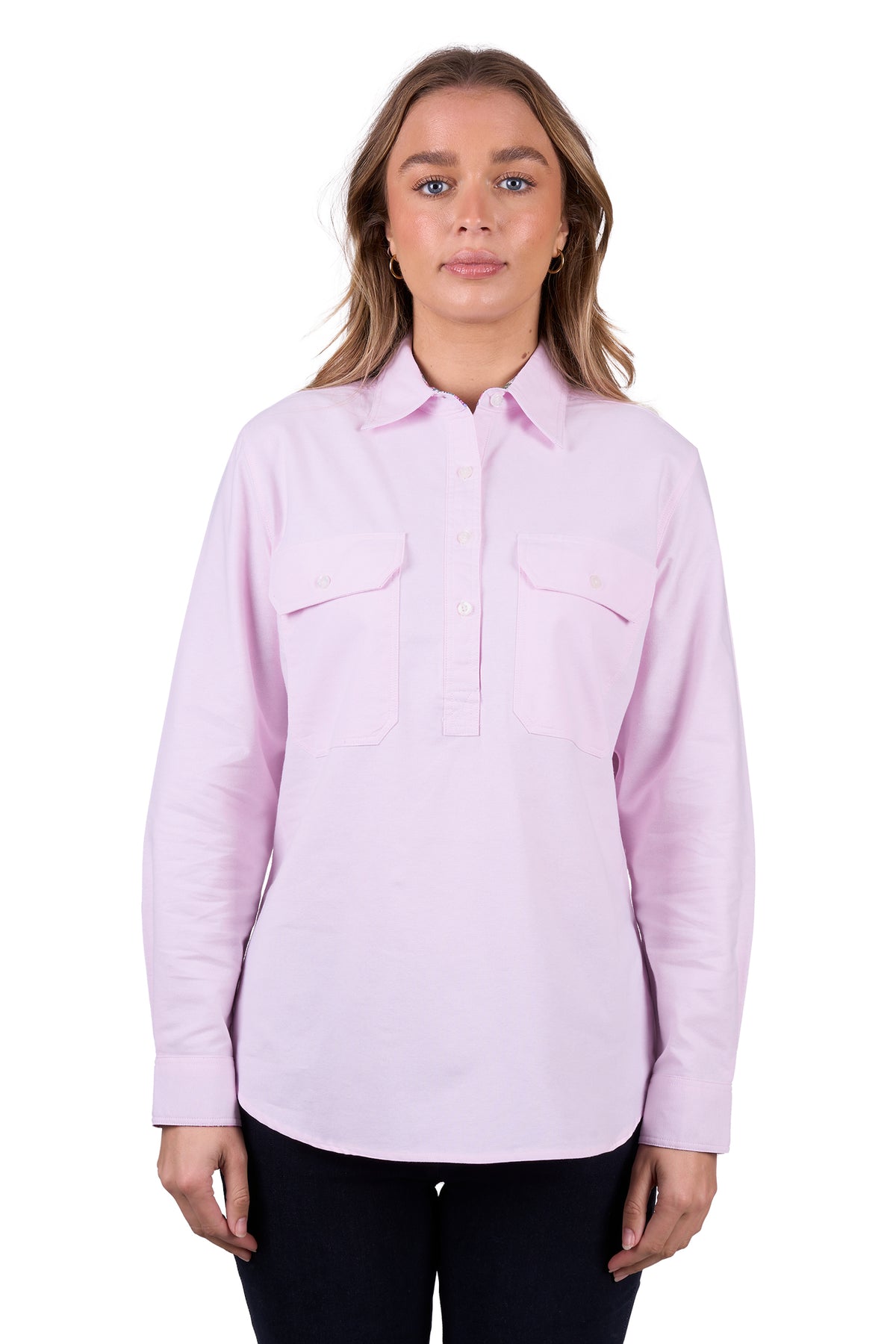 Front of pink Hard Slog Women's Milly Half Placket Long Sleeve Shirt