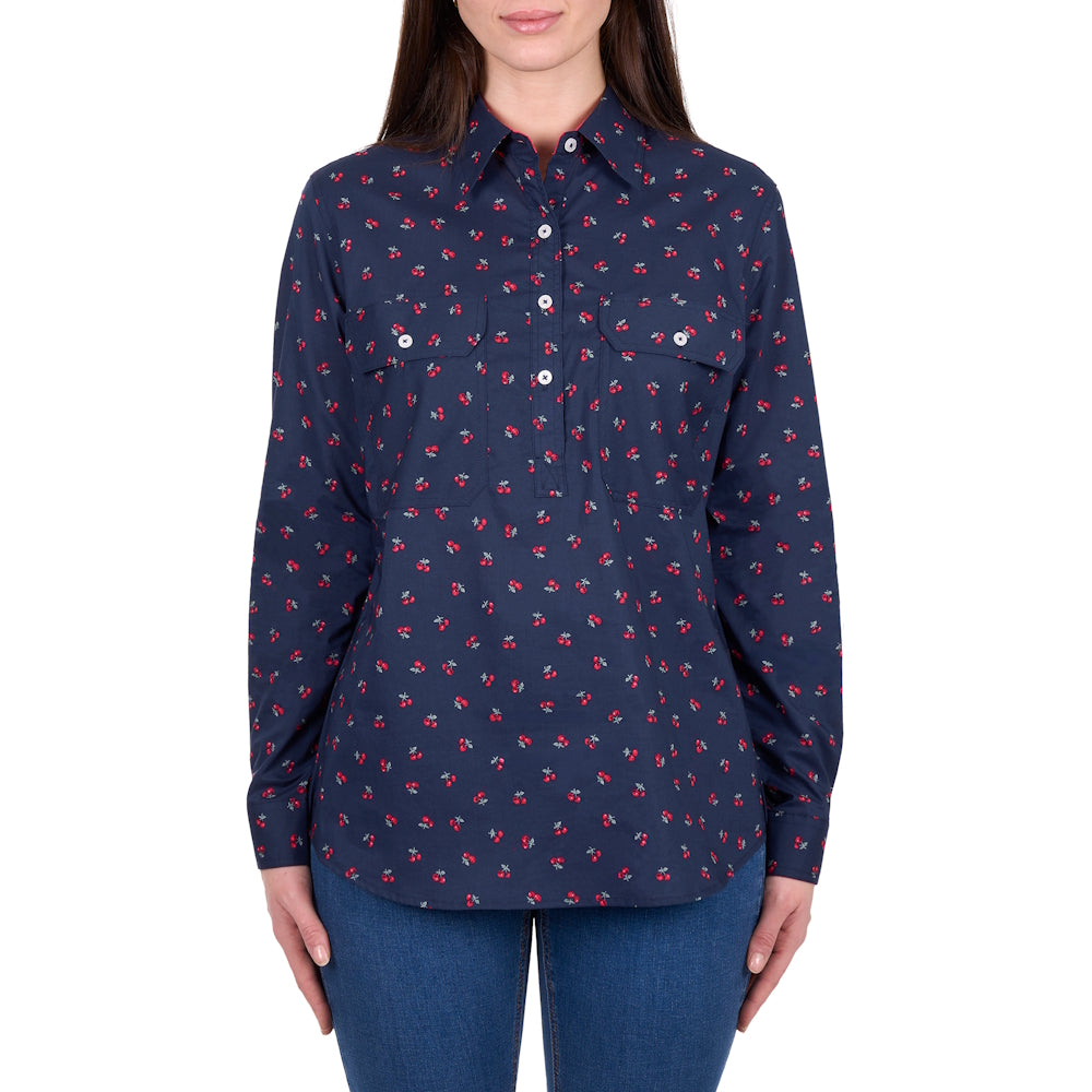 Hard Slog Womens Cherry Half Placket Long Sleeve Shirt