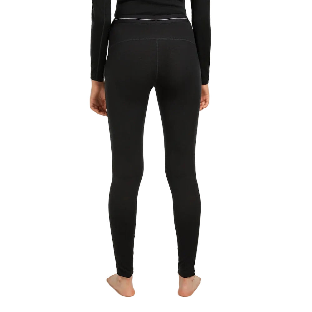Rear view of a model wearing black Icebreaker full-length leggings