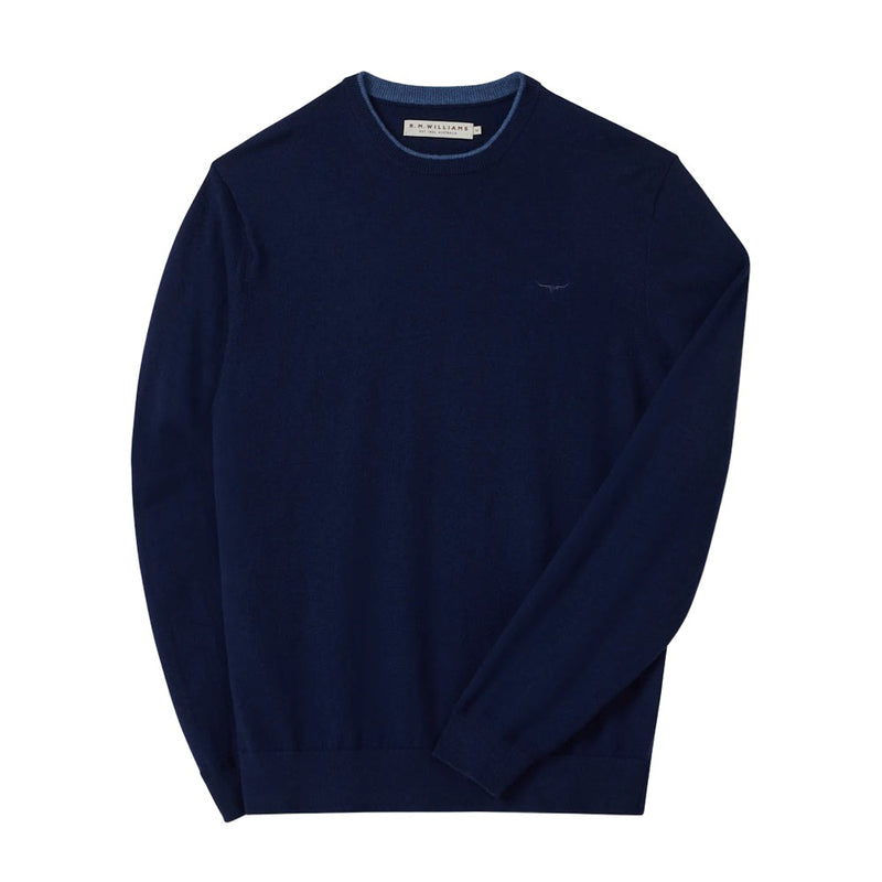 R.M.Williams Mens Howe Saddle Long Sleeve Crew Neck Sweater in Navy