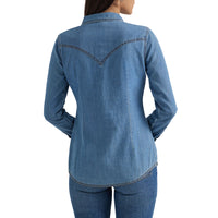 Back of women's Wrangler denim shirt