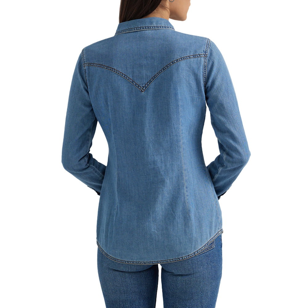 Back of women's Wrangler denim shirt