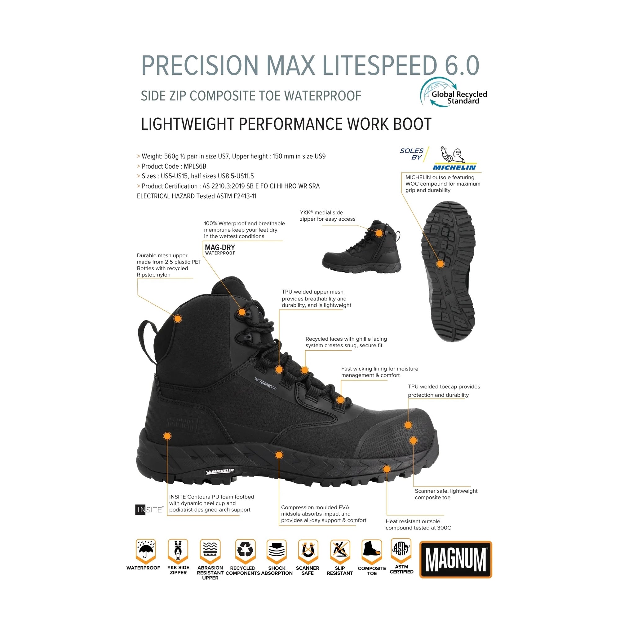 Magnum Precision Max Litespeed 6.0 Composite Toe Work Boot (Black)