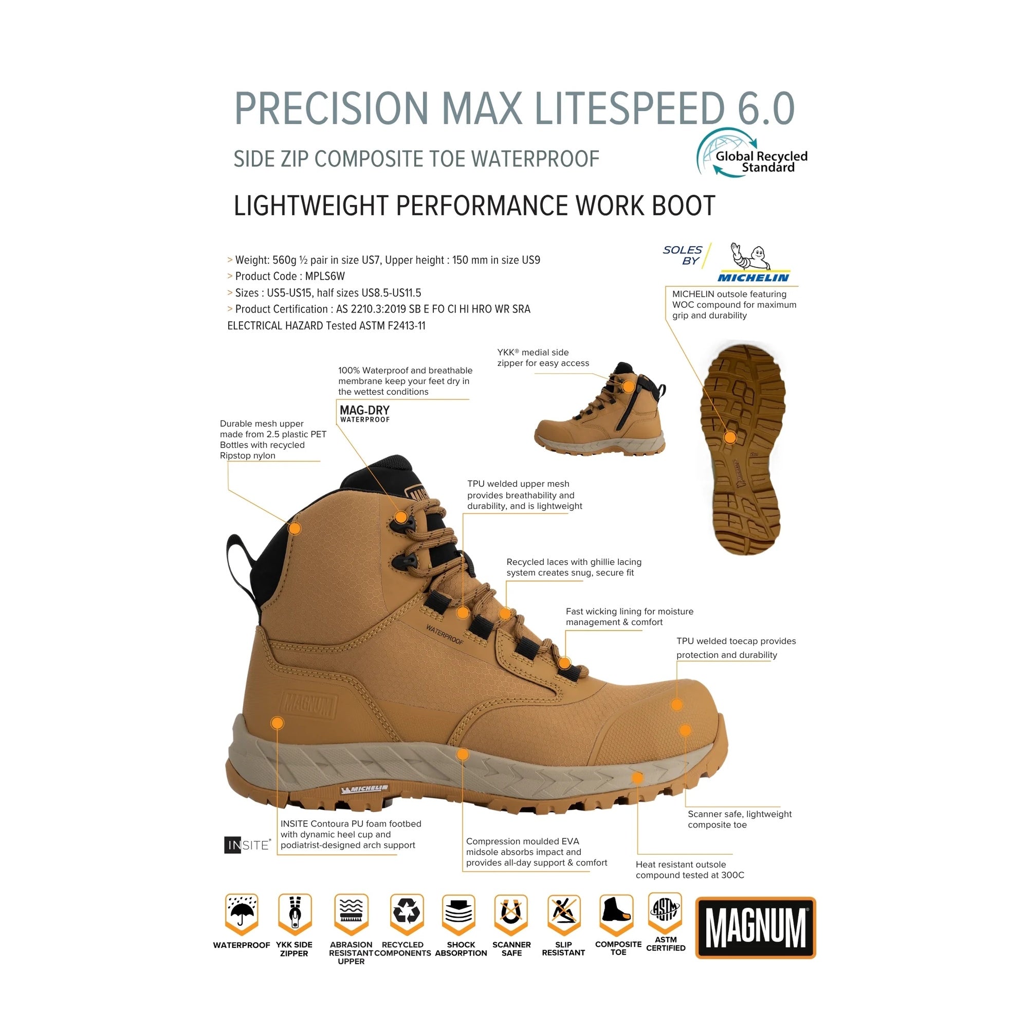 Magnum Precision Max Litespeed 6.0 Composite Toe Work Boot (Wheat)