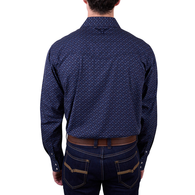 Back view of model wearing a Pure Western Men's Ross Long Sleeve Shirt in Navy