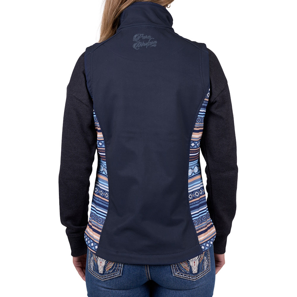 Back view of model wearing navy blue Pure Western Misha Softshell Vest