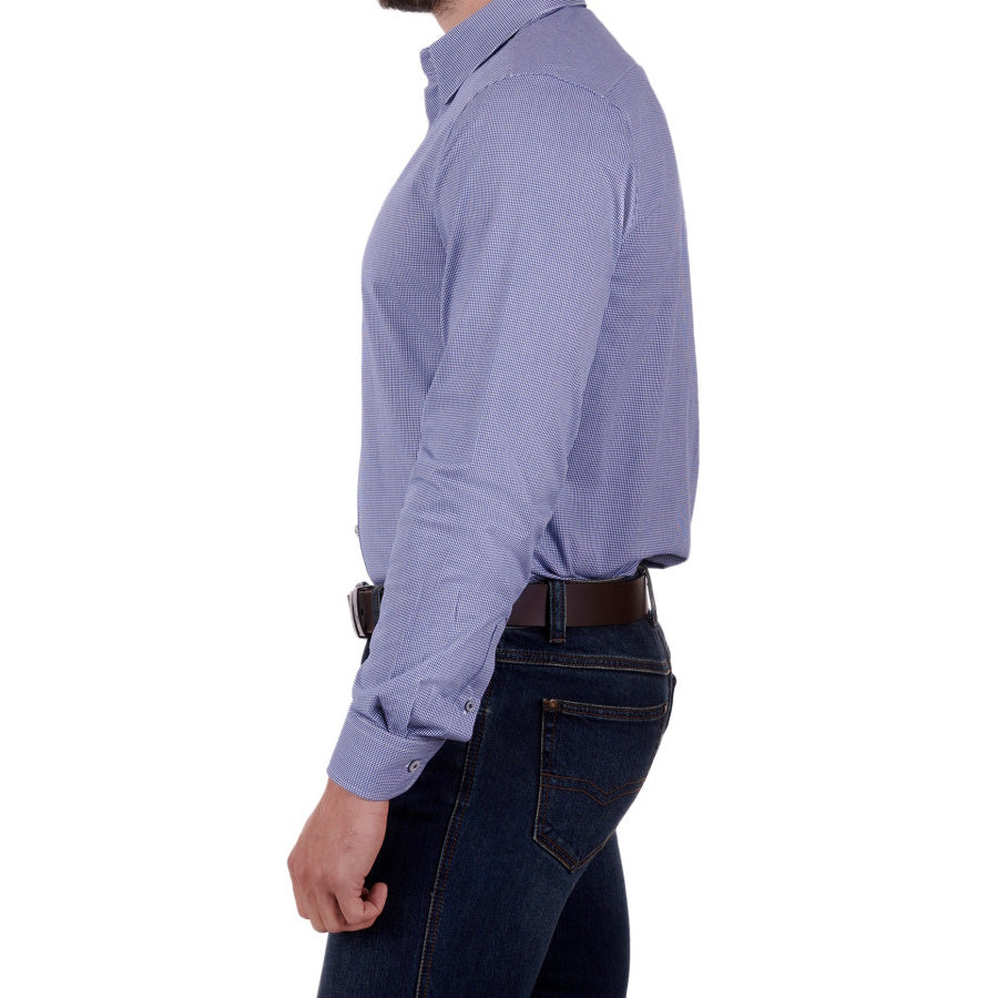 Side view of Thomas Cook Mens Jamie Check Tailored Long Sleeve Shirt in Navy/White
