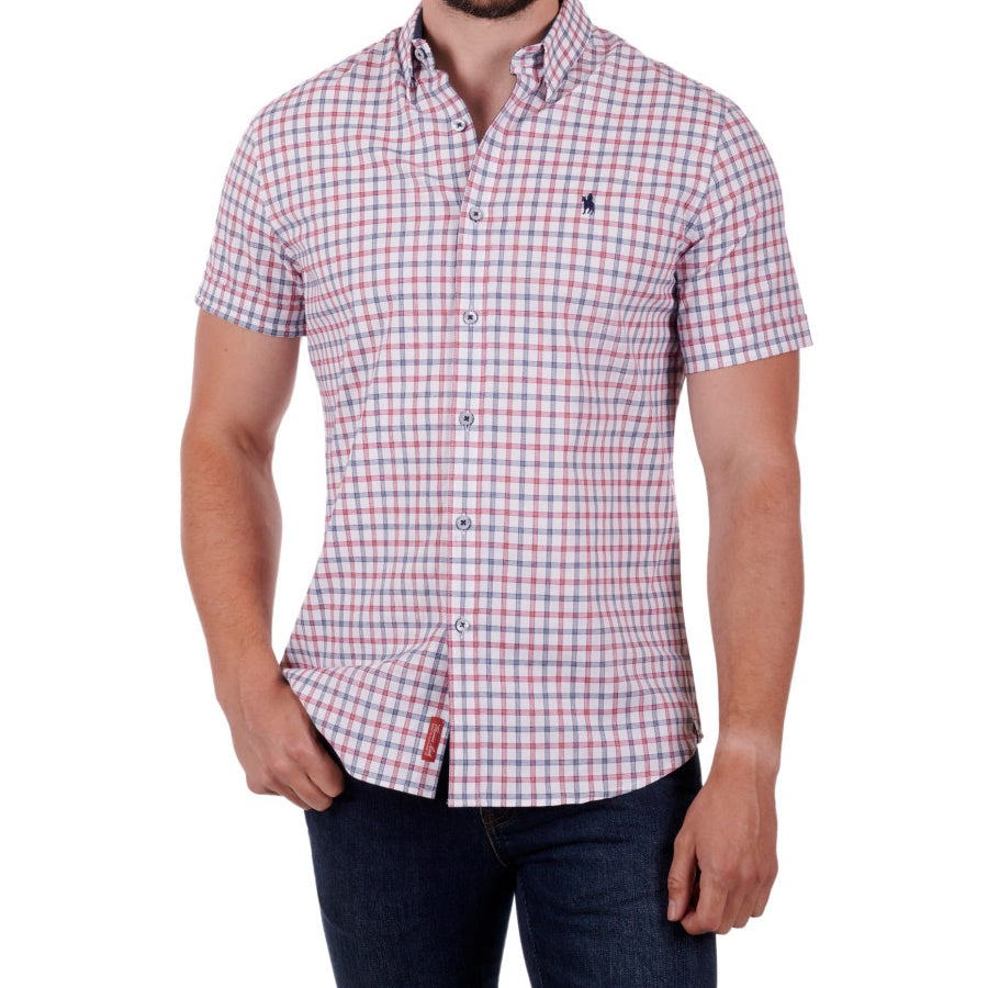 Front view of Thomas Cook Mens Nelson Check Tailored Short Sleeve Shirt in Navy/Red
