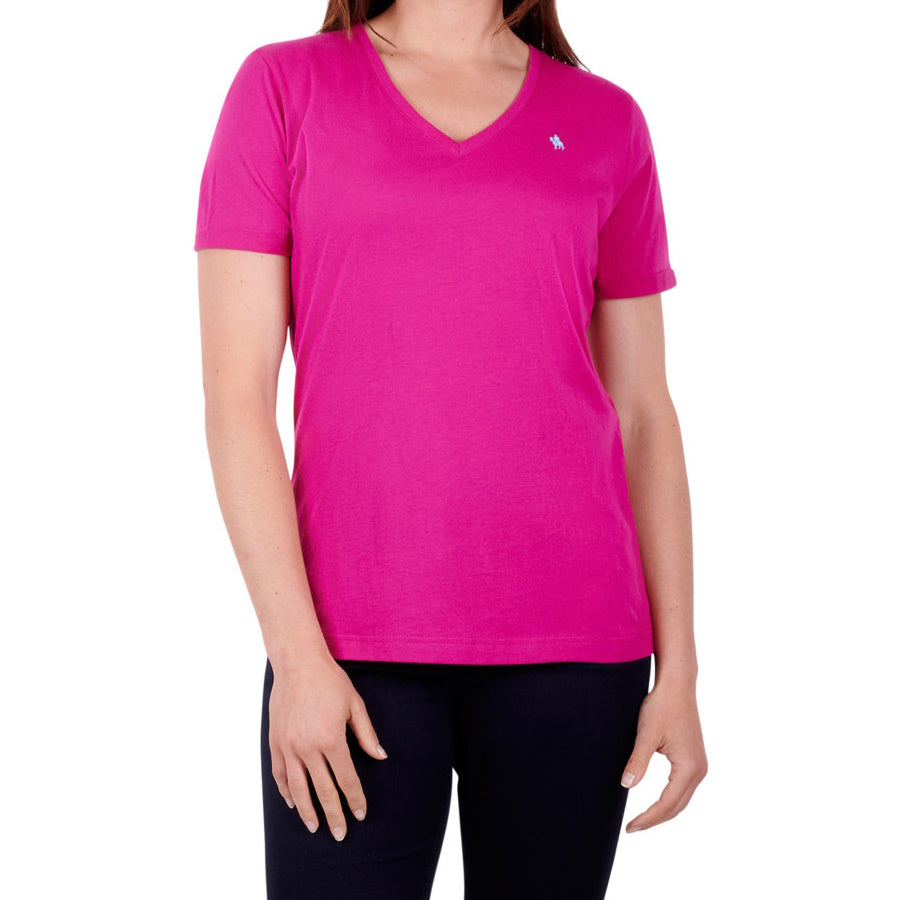 Front view of Thomas Cook Womens Classic V Neck Short Sleeve Tee in Berry