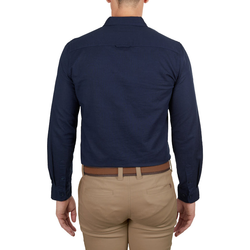 Back of Thomas Cook Mens Linen Tailored Long Sleeve Shirt in Navy