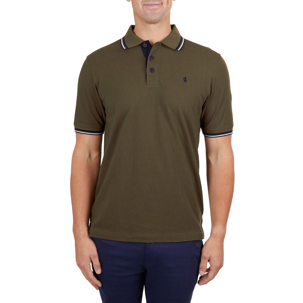 Front of Thomas Cook Mens Logan Tailored Short Sleeve Polo in Dark Tan