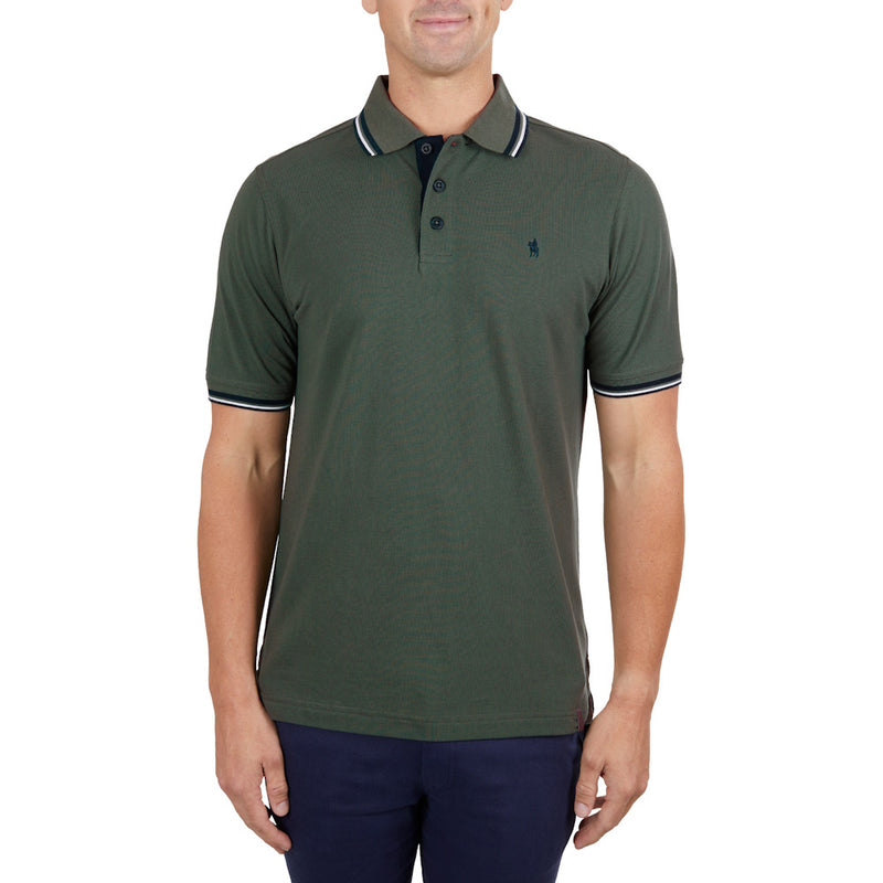 Front of Thomas Cook Mens Logan Tailored Short Sleeve Polo in Dark Green