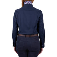 Back of Navy Thomas Cook Women's Kelsey Long Sleeve Shirt with collar up