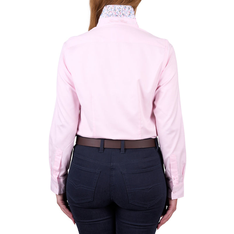 Back of Pink Thomas Cook Womens Kelsey Long Sleeve Shirt with floral print collar up