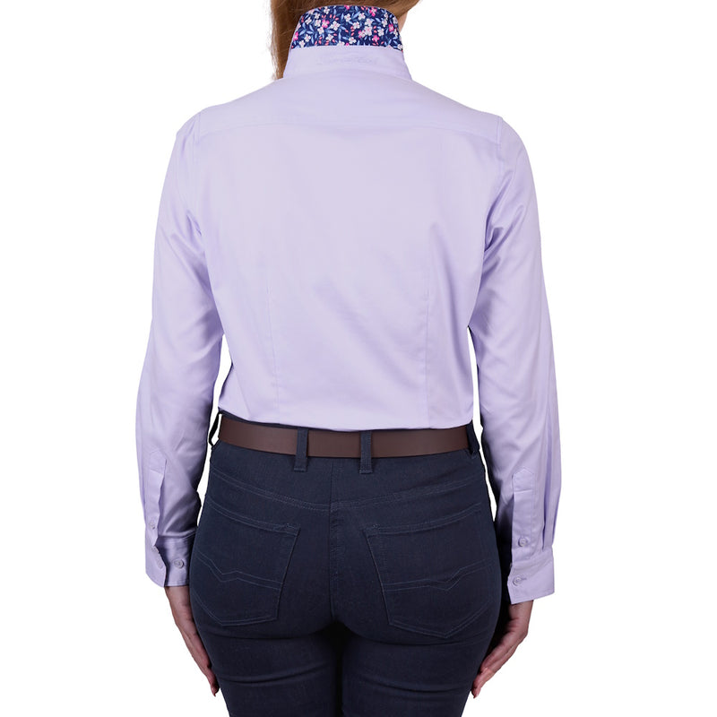 Back of Purple Thomas Cook Women's Kelsey Long Sleeve Shirt with collar up