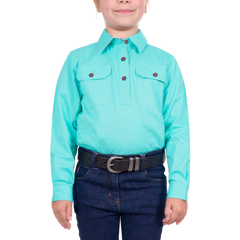 Front of Thomas Cook Girls Light Half Placket Long Sleeve Shirt in Aqua