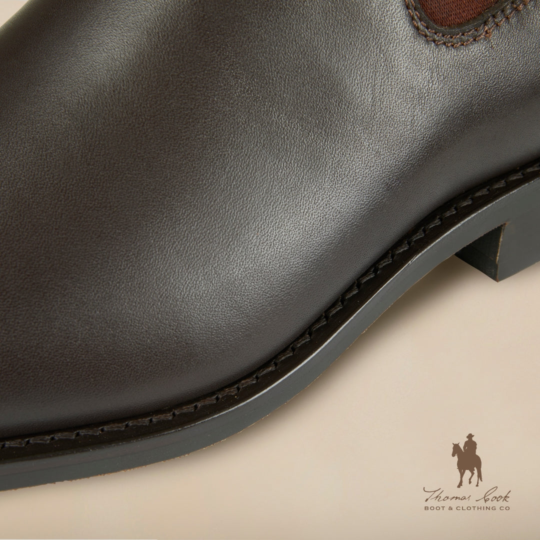 Close up of chestnut Thomas Cook Trentham E Fit boots