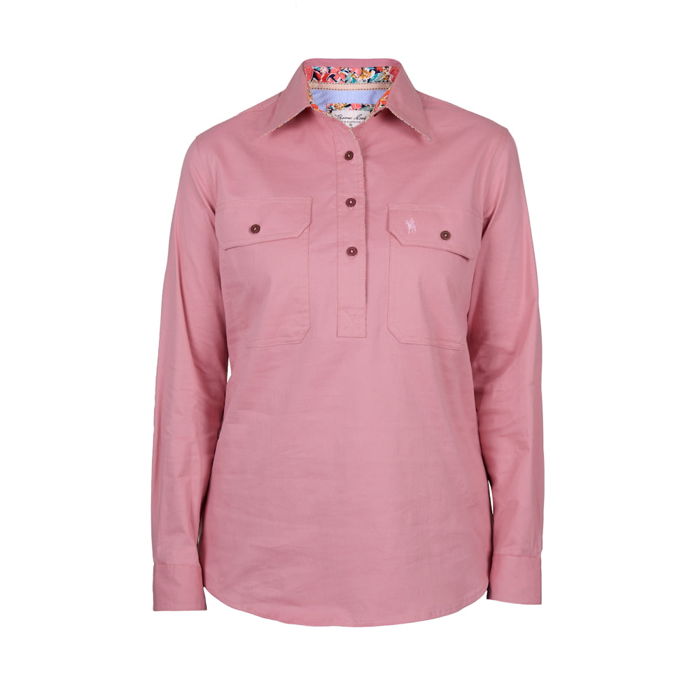 Pink Thomas Cook Women's Stretch Drill Half Placket Long Sleeve Shirt