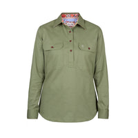 An olive green long-sleeve half button Thomas Cook shirt with two chest pockets