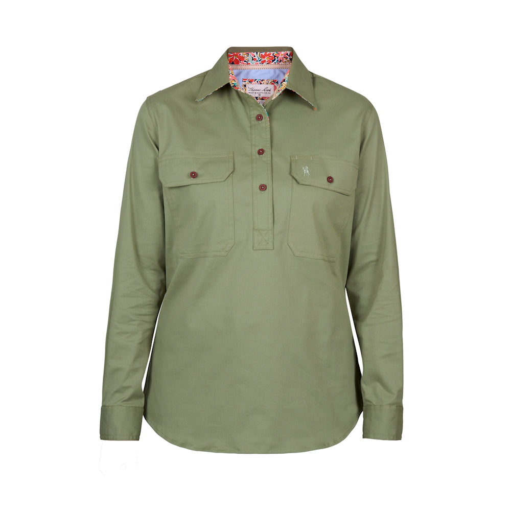 An olive green long-sleeve half button Thomas Cook shirt with two chest pockets