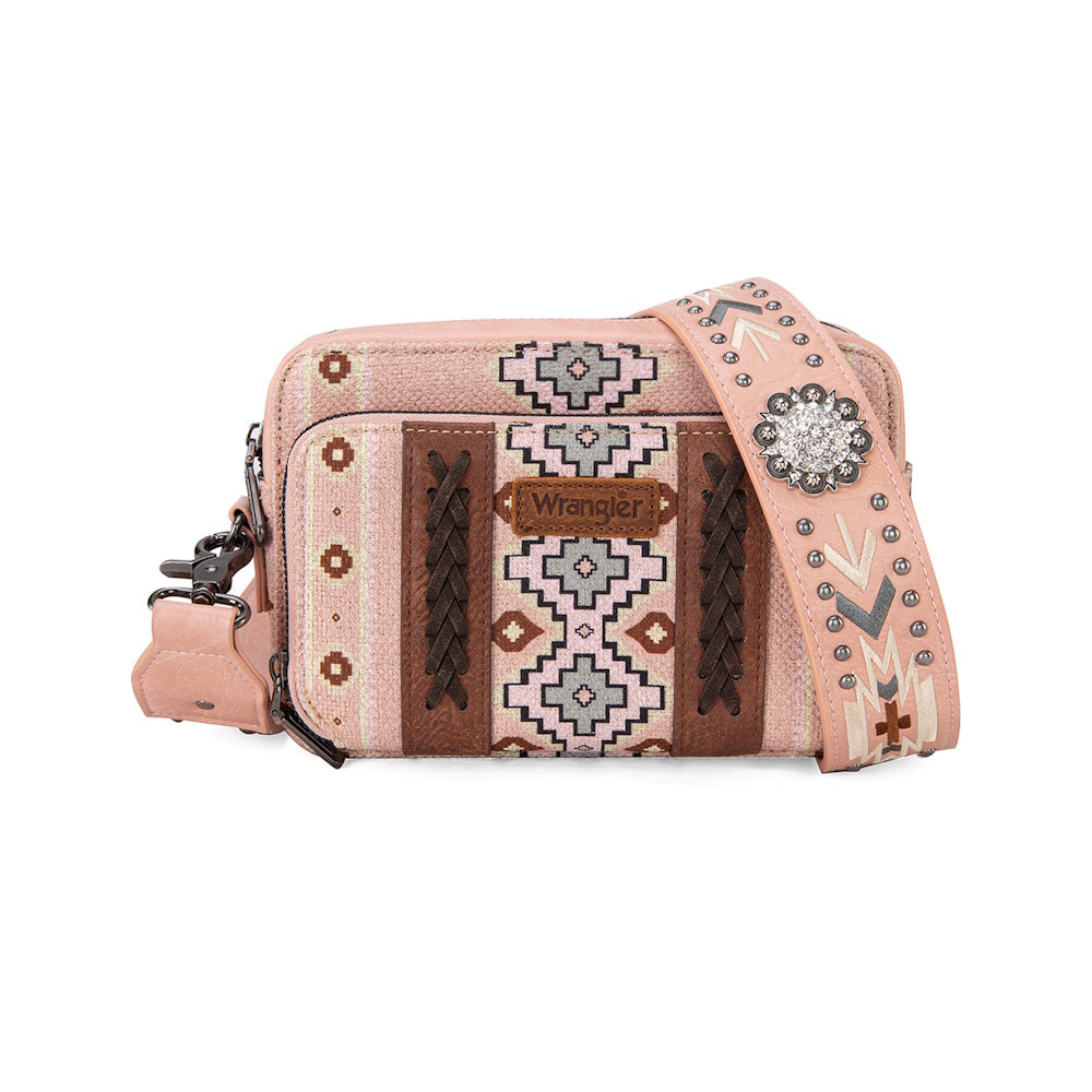 Front of Wrangler® Southwestern Crossbody Wallet Bag in Pink