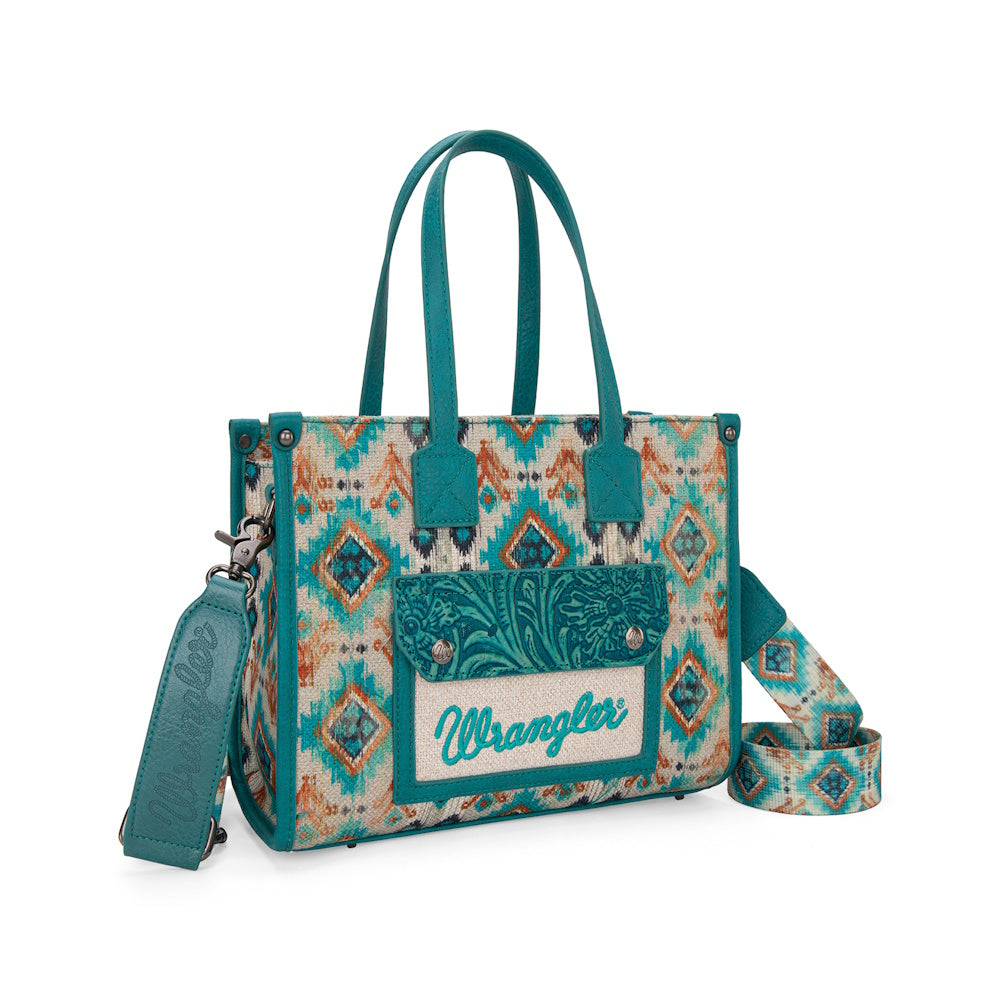 Front of Turquoise Wrangler® Aztec Crossbody Tote Bag