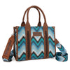 Handbag with blue Aztec pattern and strap, featuring Wrangler branding.