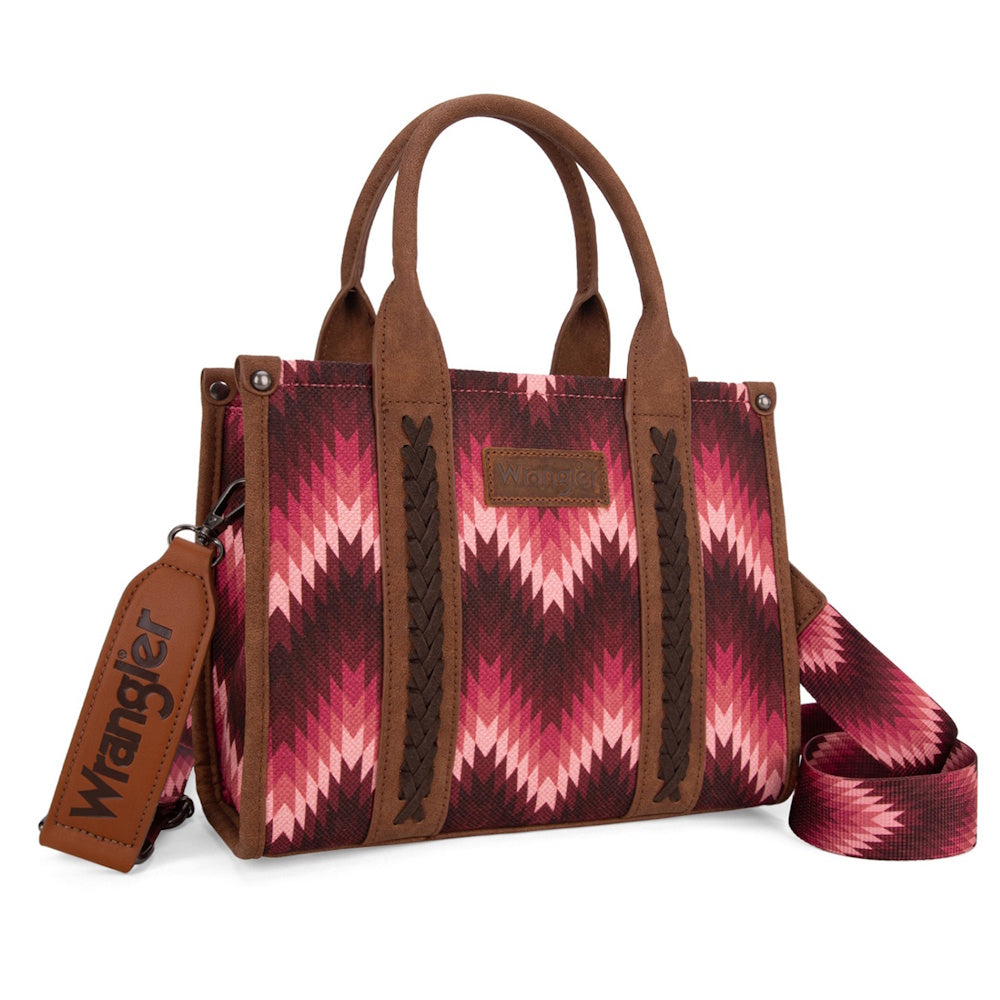 Handbag with a pink and brown aztec pattern and a strap, featuring the Wrangler brand.