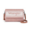 Pink crossbody bag with Wrangler branding on a white background