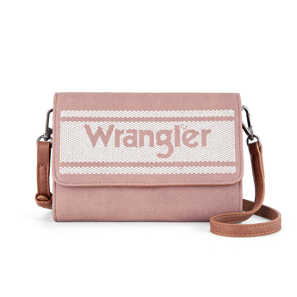 Pink crossbody bag with Wrangler branding on a white background