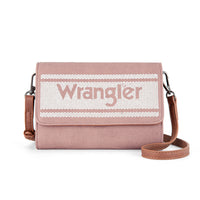 Pink crossbody bag with Wrangler branding on a white background
