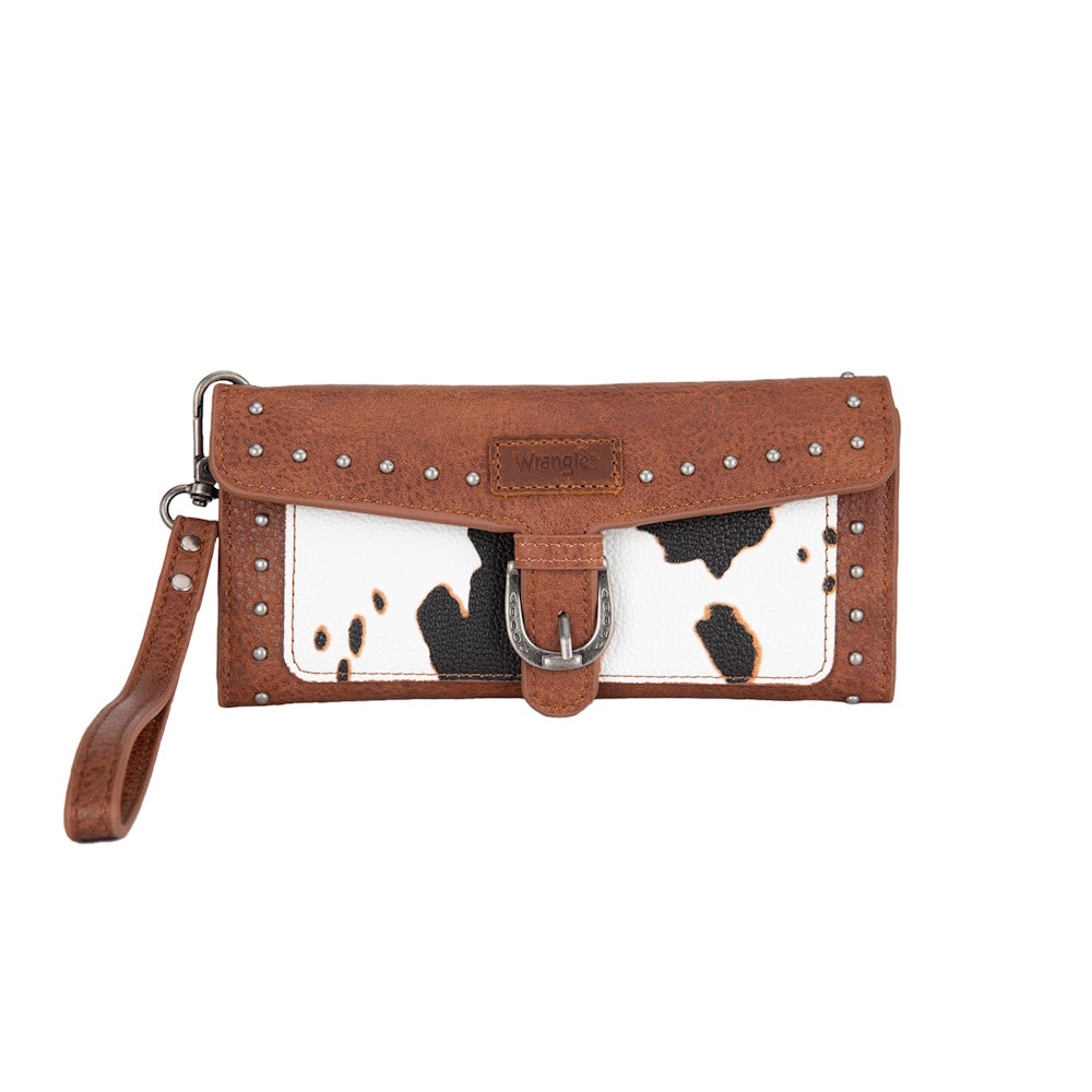 Brown leather Wrangler wallet with studded details and a cowhide pattern