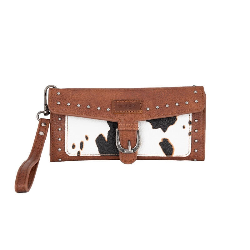Brown leather Wrangler wallet with studded details and a cowhide pattern