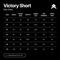 Size chart for men's Anthem Victory Shorts with measurements in cm's