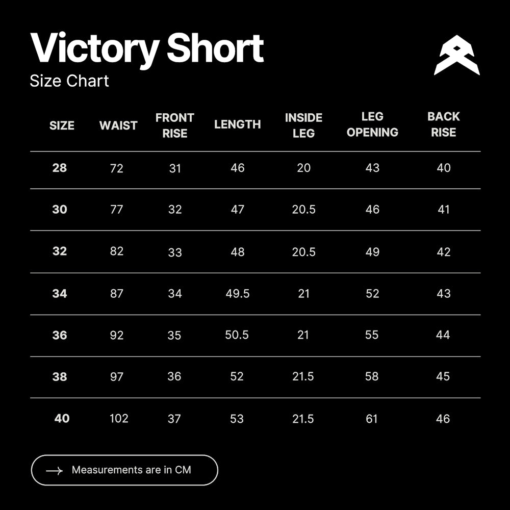 Size chart for men's Anthem Victory Shorts with measurements in cm's