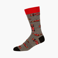 Grey Bamboozld sock with red f1 race car pattern